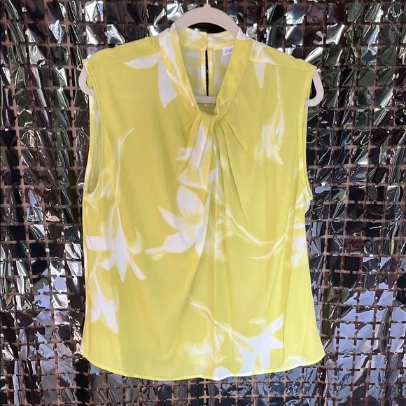 Calvin Klein Lemon Yellow  Sleeveless Pleated Blouse with Mandarin Collar - Picture 11 of 11